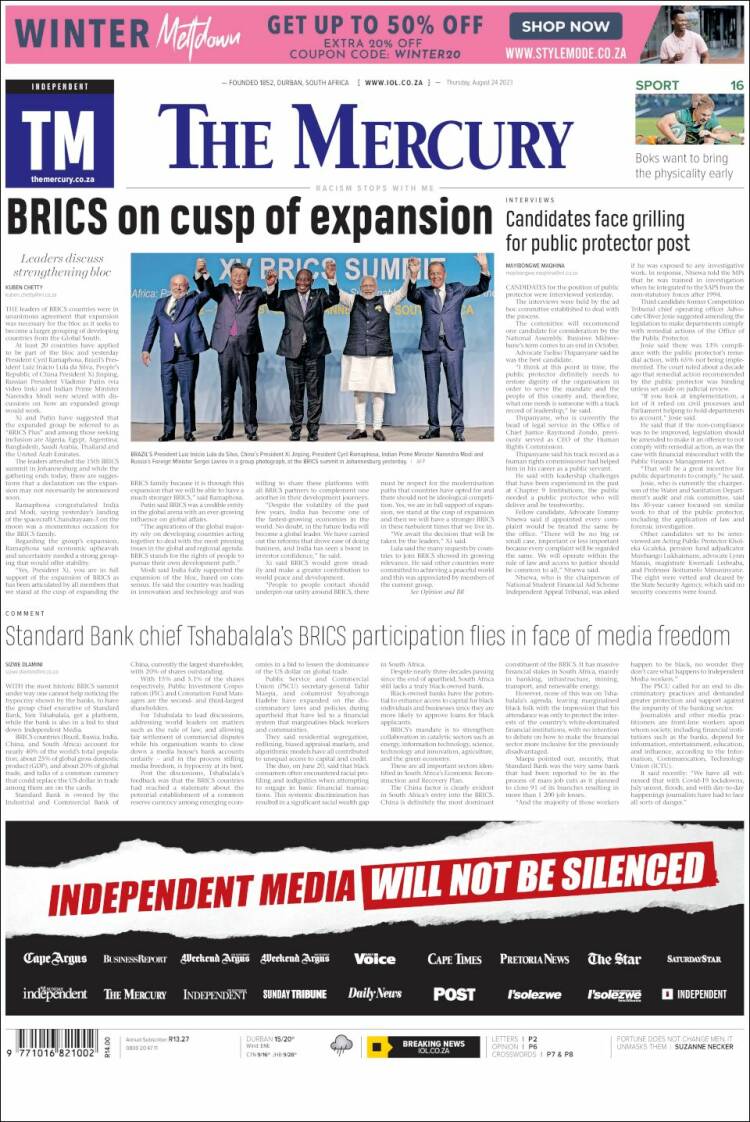 Portada de The Mercury (Sud&aacute;frica)