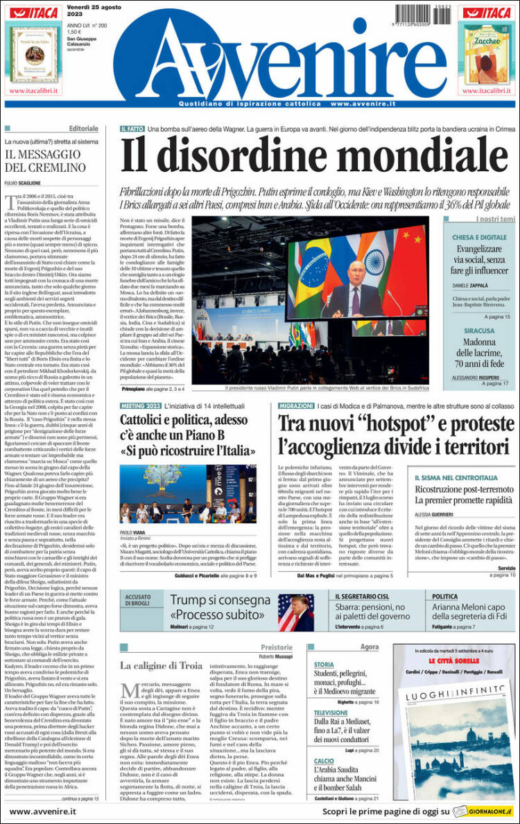 Portada de Avvenire (Italia)