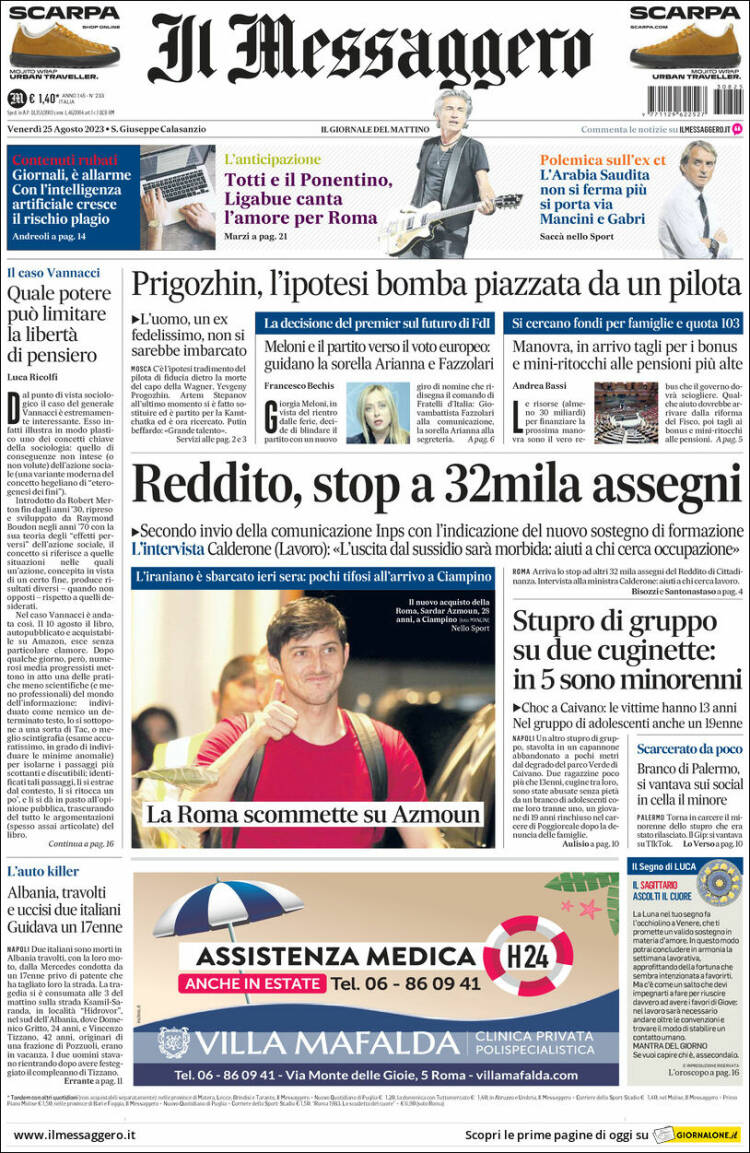 Portada de Il Messaggero (Italia)