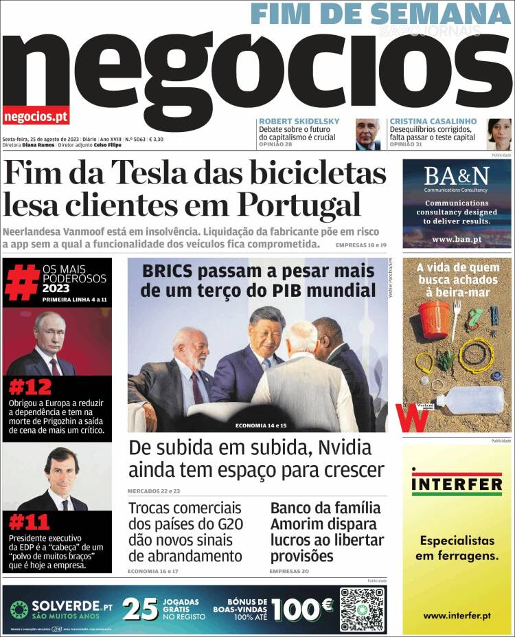 Portada de Jornal de Negócios (Portugal)