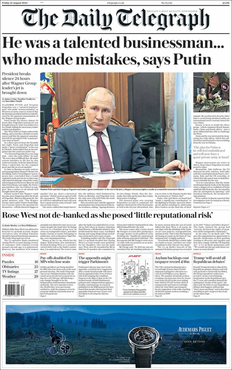 Portada de Daily Telegraph (Reino Unido)