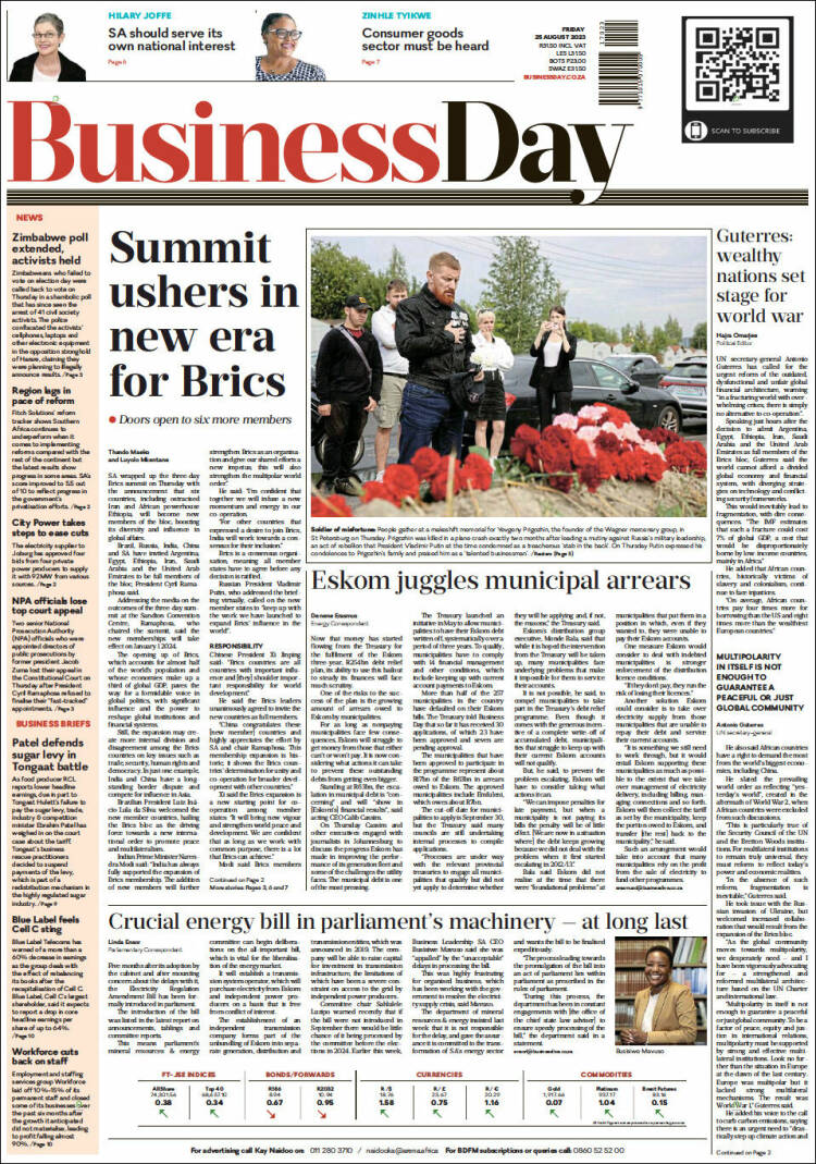 Portada de Business Day (Sud&aacute;frica)