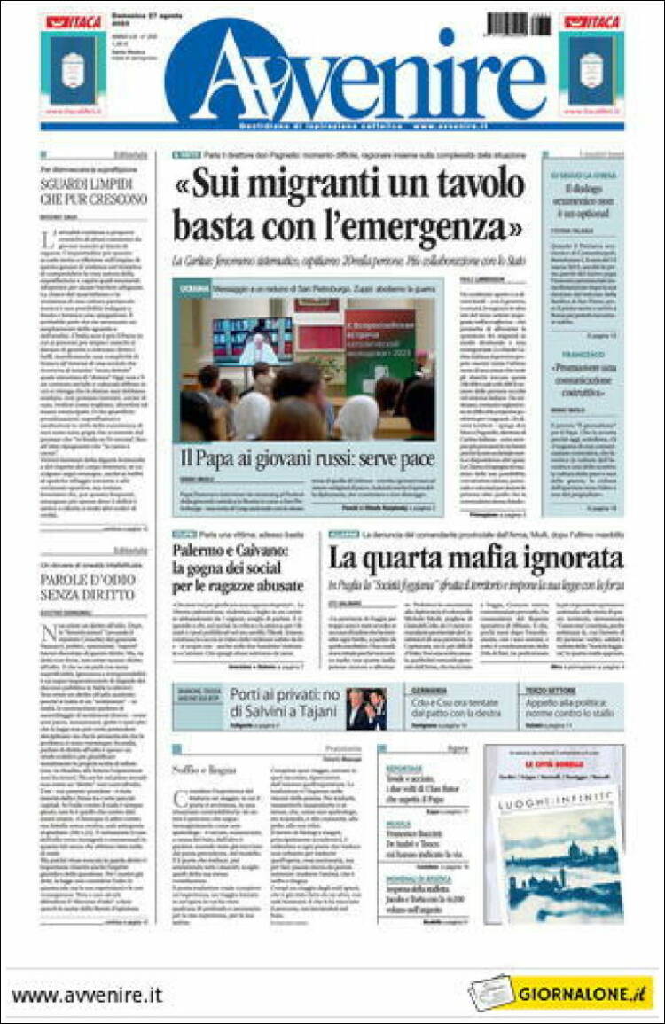 Portada de Avvenire (Italia)