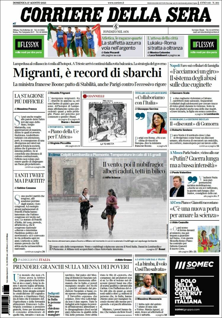 Portada de Corriere della Sera (Italia)