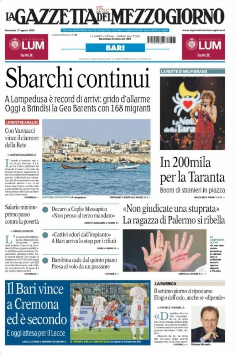 Portada de La Gazzetta del Mezzogiorno (Italia)