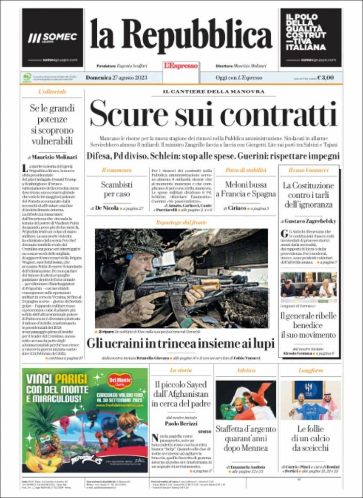 Portada de La Repubblica (Italia)