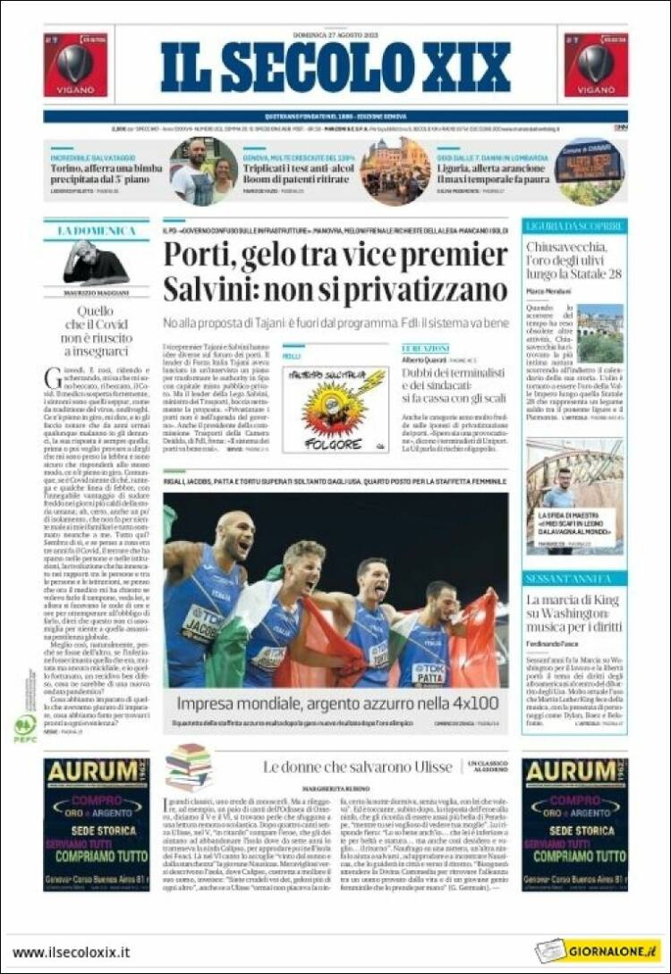Portada de Il Secolo XIX (Italia)