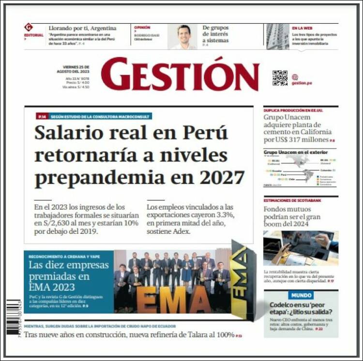 Portada de Diario Gestión (Per&uacute;)