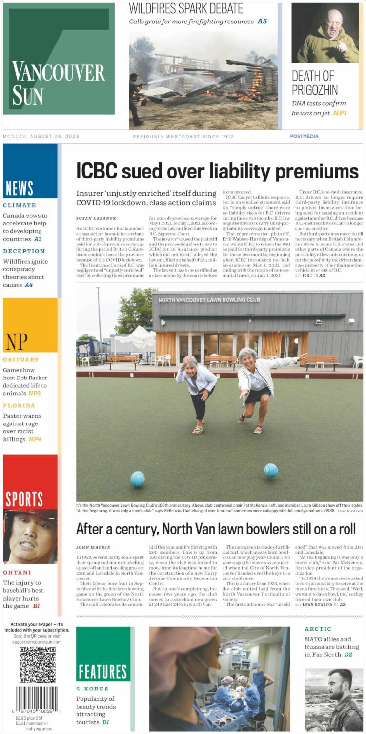 Portada de The Vancouver Sun (Canadá)