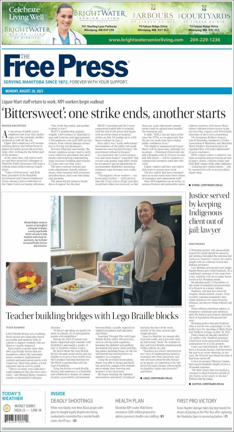 Portada de Winnipeg Free Press (Canadá)