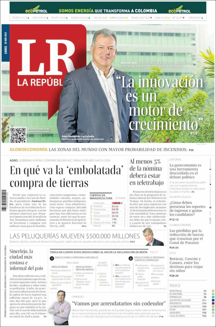 Portada de La Republica (Colombia)