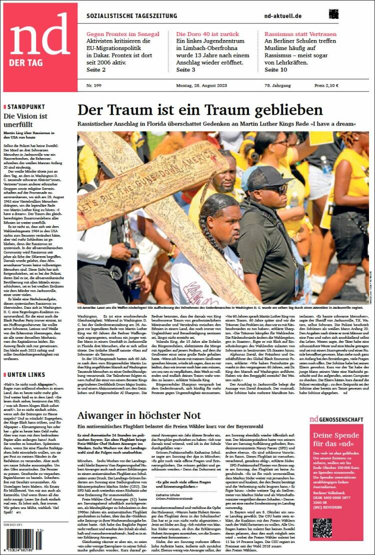 Portada de Neues Deutschland (Alemania)