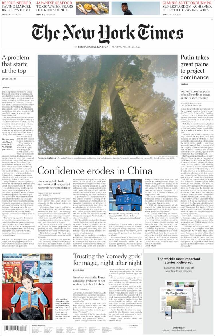 Portada de International New York Times (Europa)