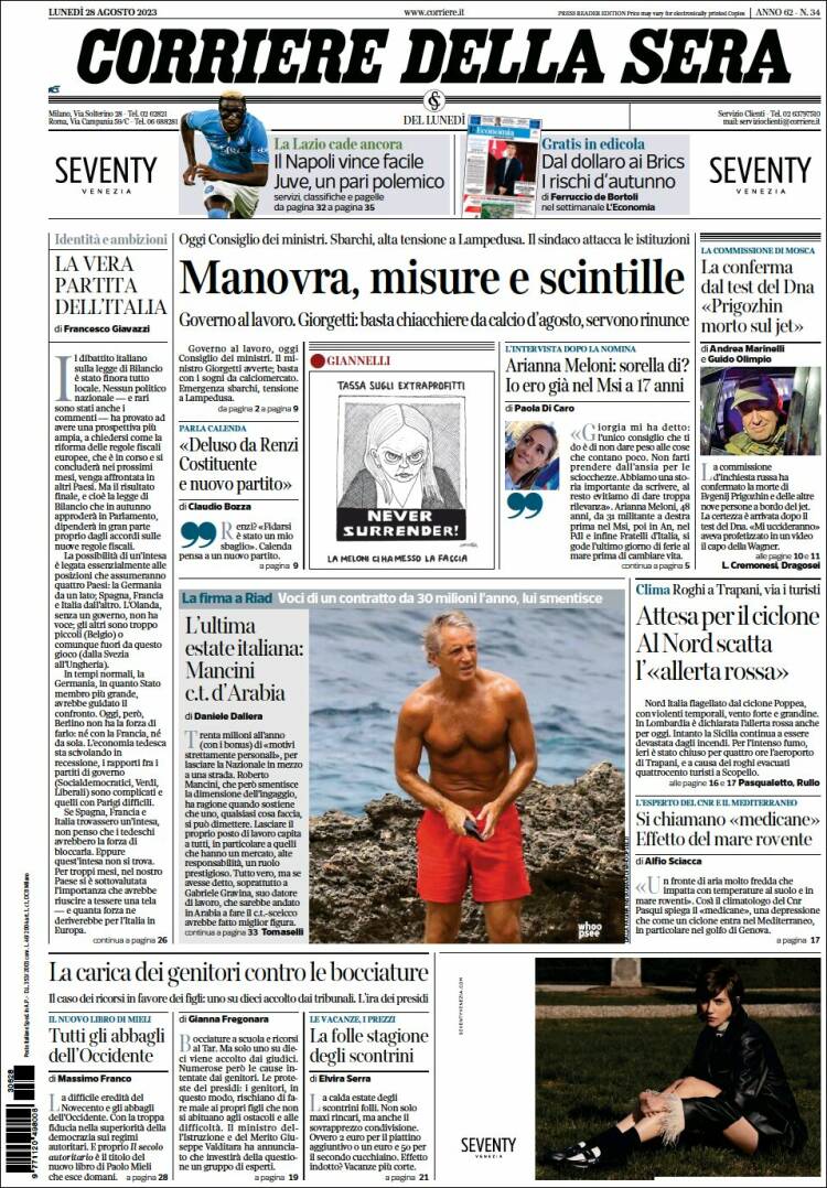Portada de Corriere della Sera (Italia)