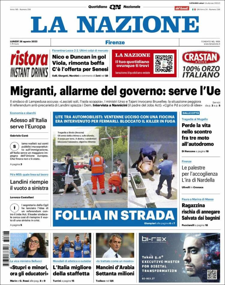 Portada de La Nazione (Italia)