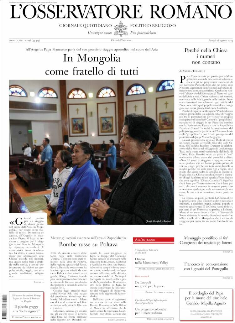 Portada de L'Osservatore Romano (Italia)