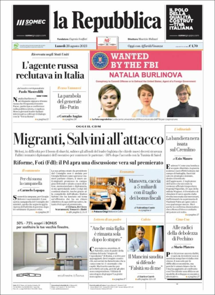 Portada de La Repubblica (Italia)