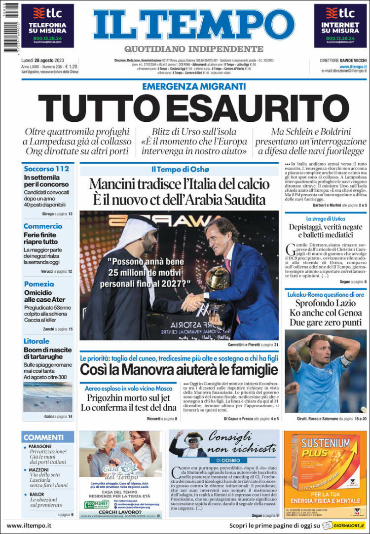 Portada de Il Tempo (Italia)
