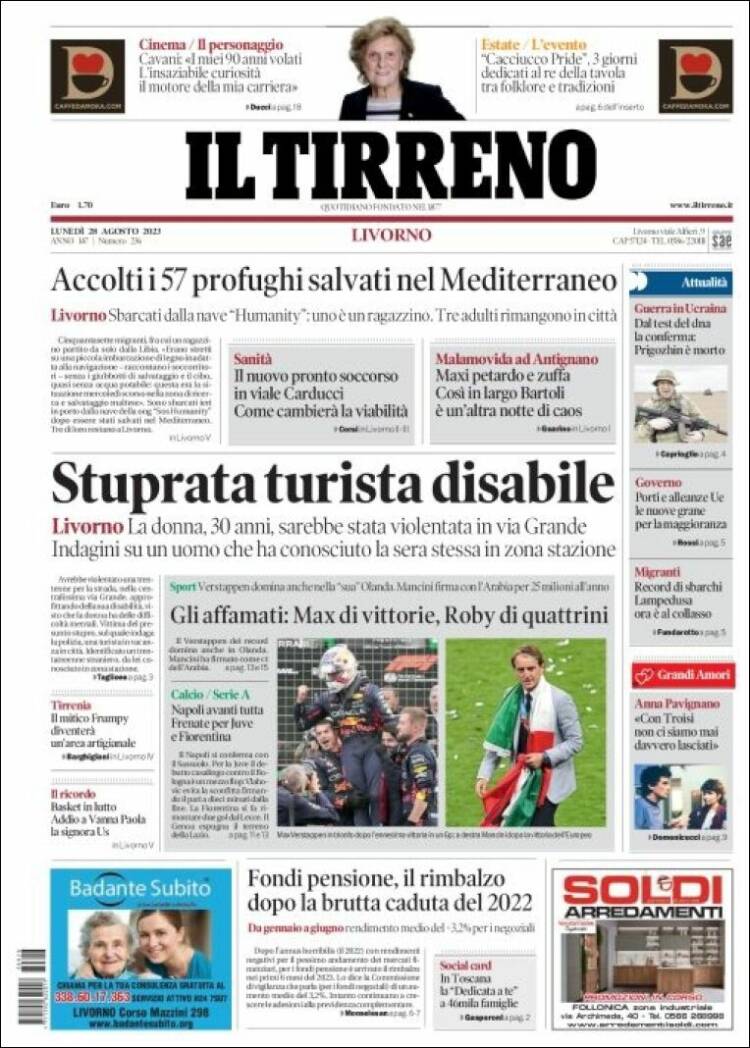 Portada de Il Tirreno (Italia)