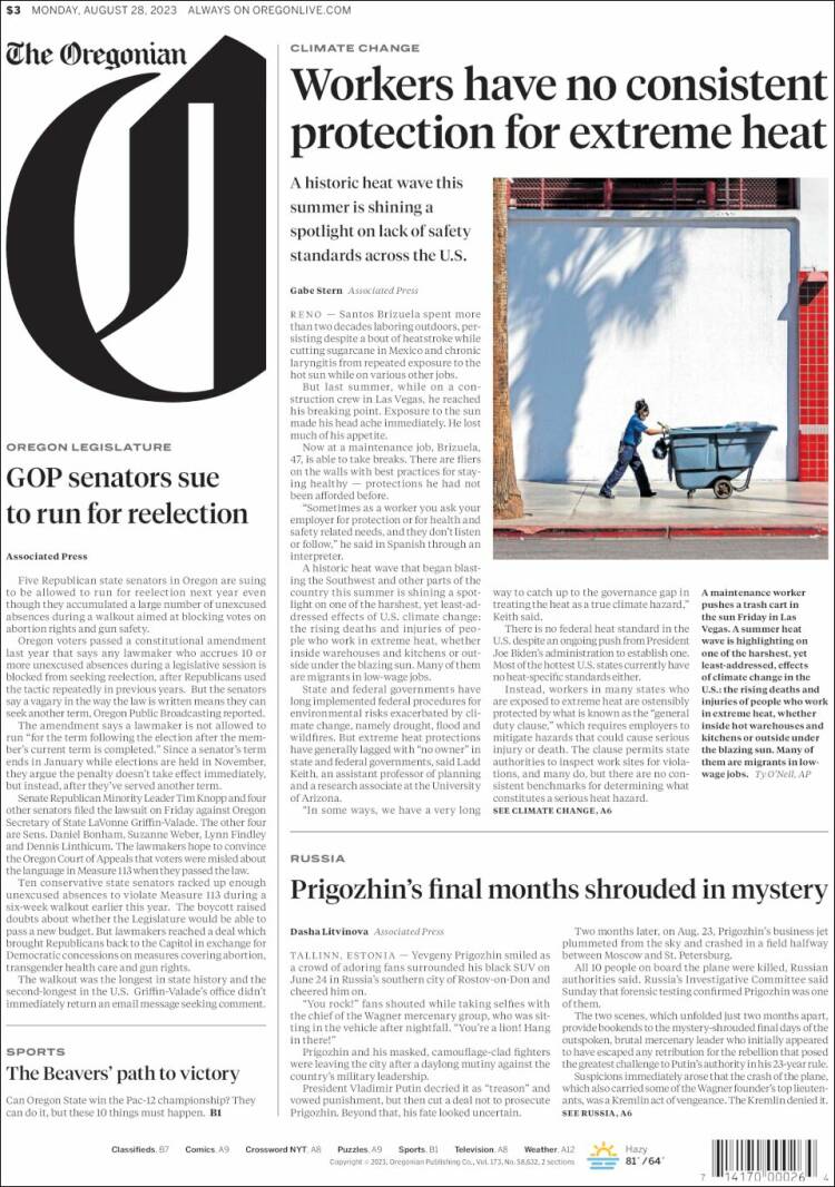 Portada de The Oregonian (USA)