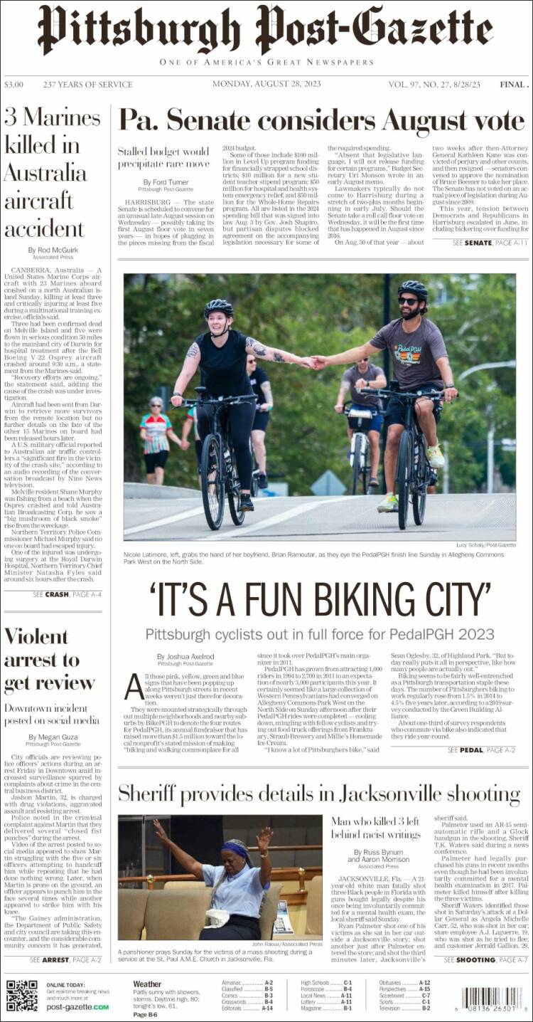 Portada de Pittsburgh Post-Gazette (USA)