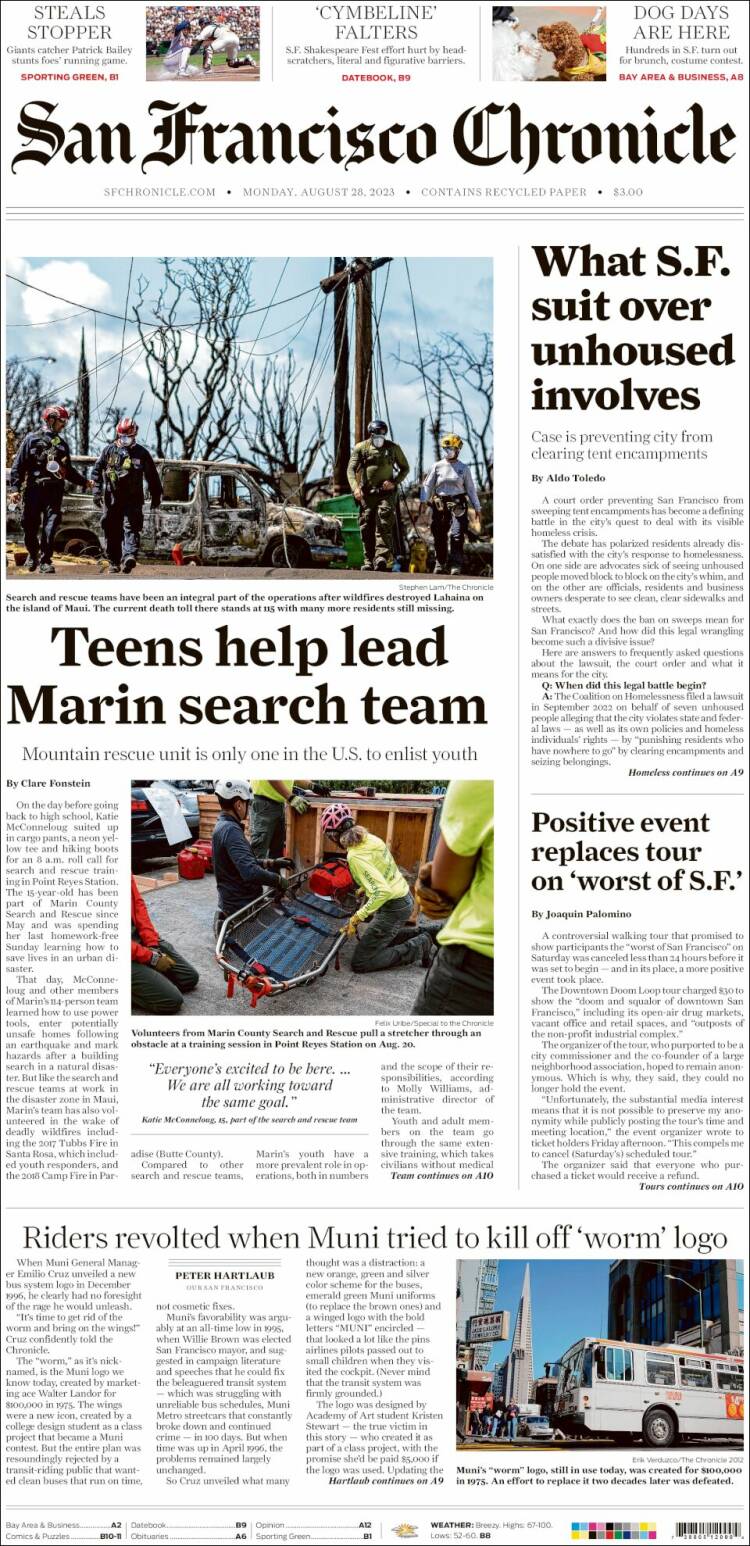 Portada de San Francisco Chronicle (USA)