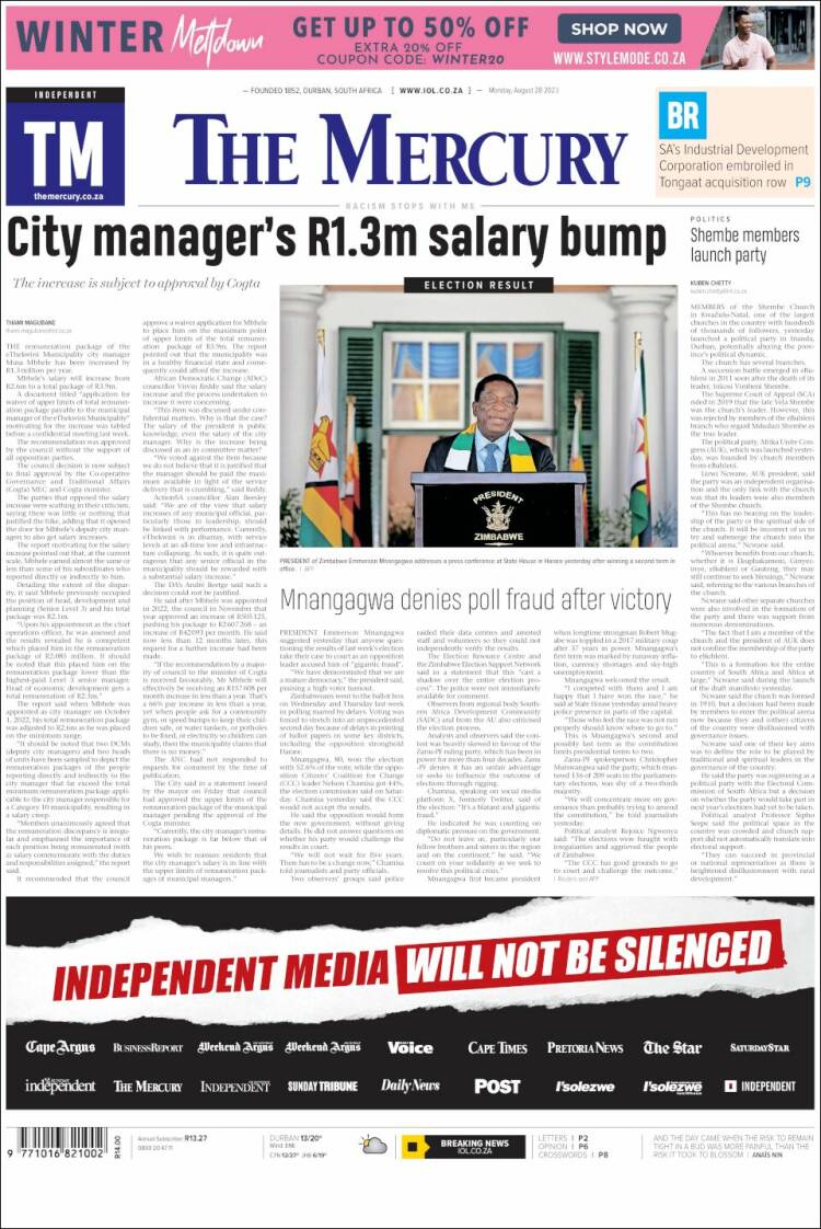 Portada de The Mercury (Sud&aacute;frica)