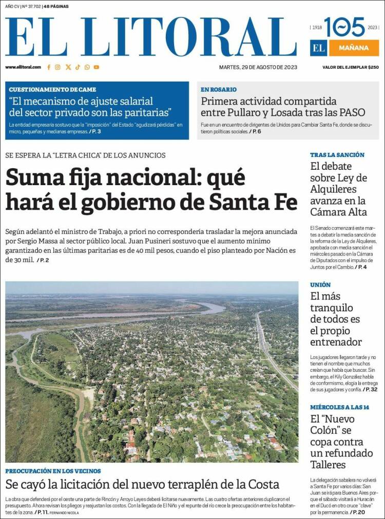 Portada de Diario El Litoral (Argentina)