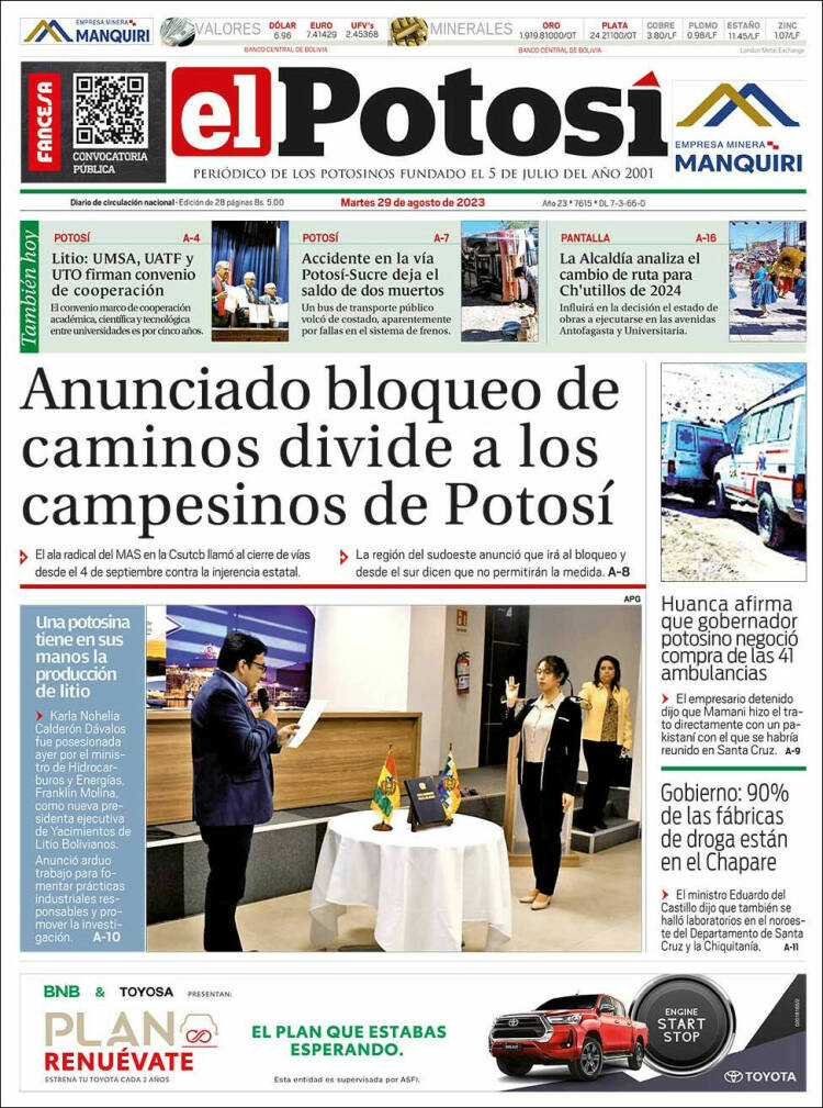Portada de Diario de Potosí (Bolivia)
