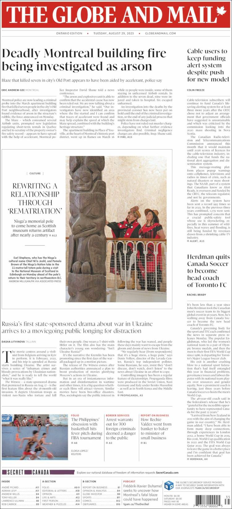 Portada de The Globe and Mail (Canad&aacute;)