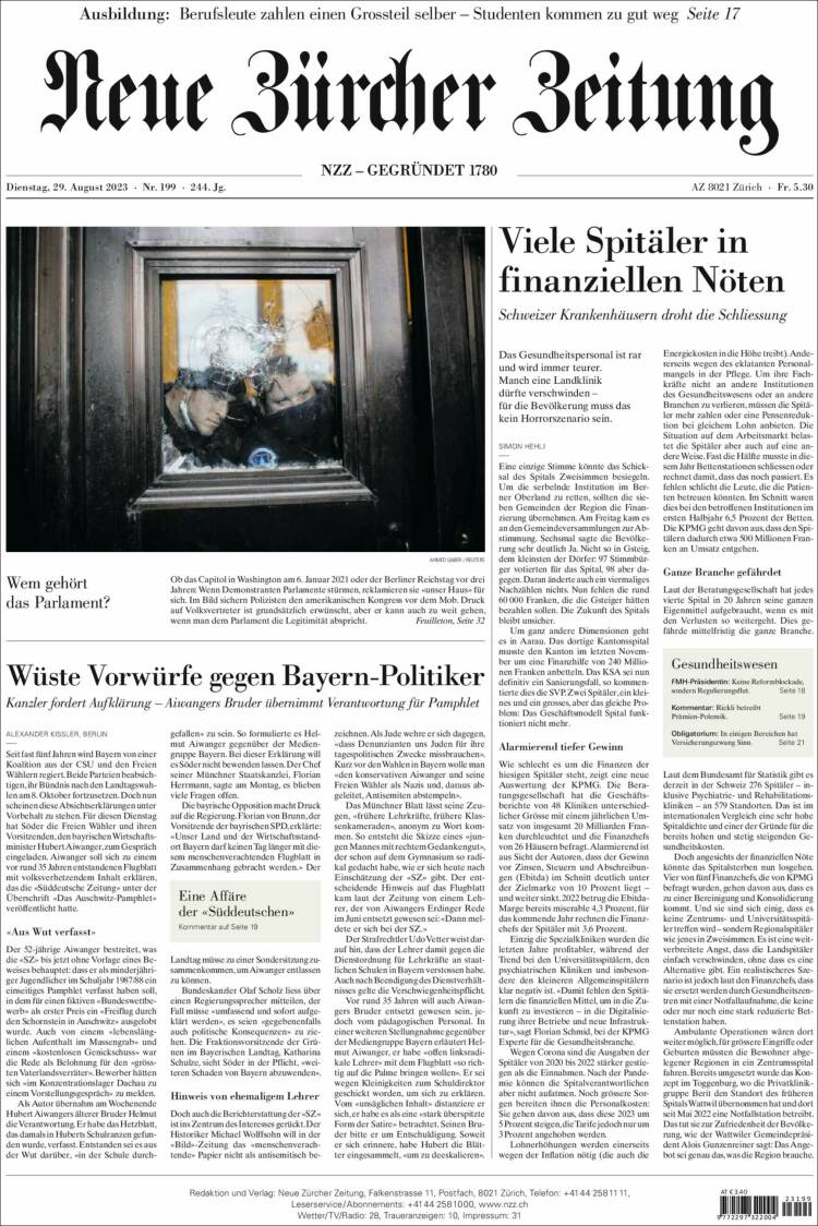 Portada de Neue Zürcher Zeitung (Suiza)