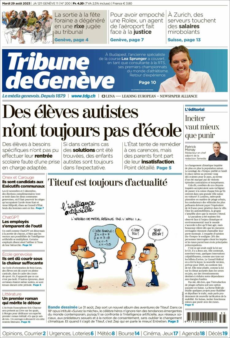 Portada de La Tribune de Genève (Suiza)