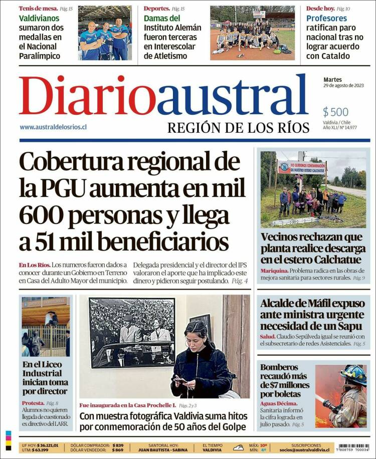Portada de El Diario Austral de Valdivia (Chile)