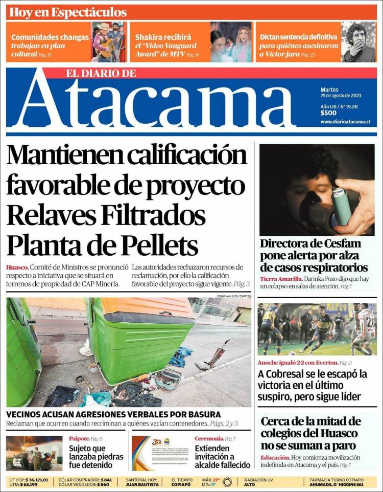 Portada de Diario de Atacama (Chile)