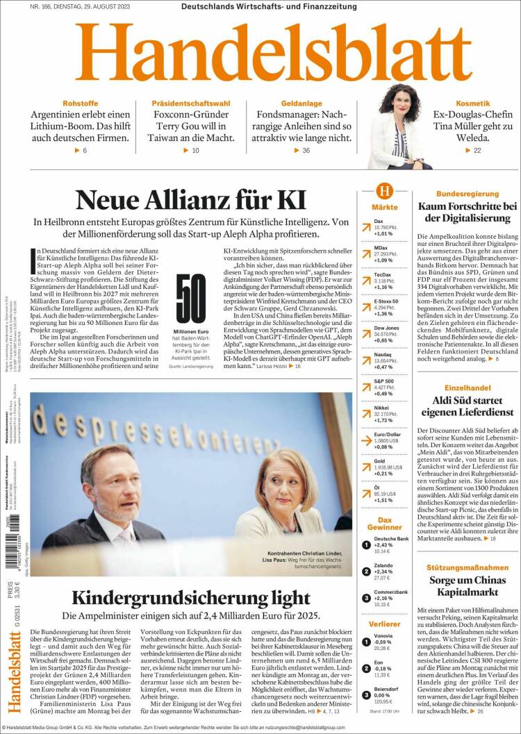 Portada de Handelsblatt (Alemania)