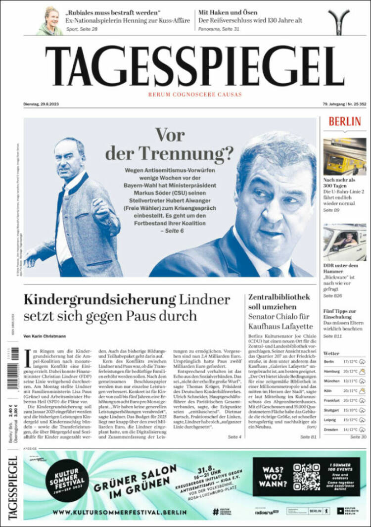Portada de Der Tagesspiegel (Alemania)