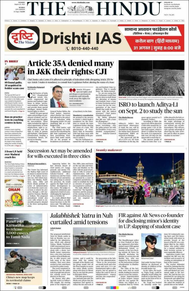 Portada de The Hindu (India)