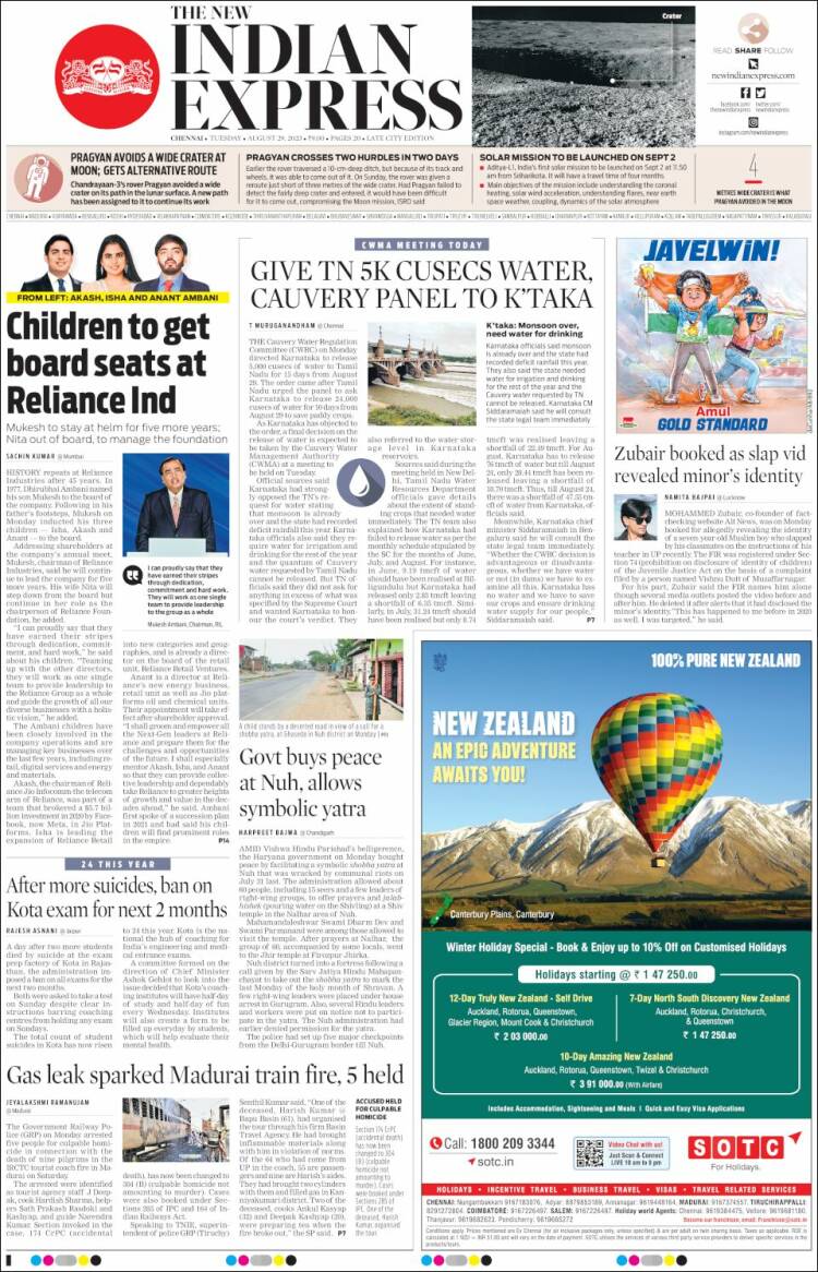 Portada de New Indian Express (India)