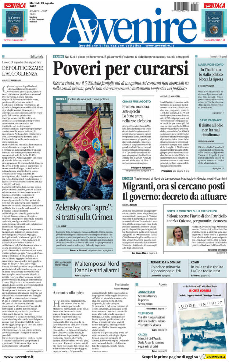 Portada de Avvenire (Italia)