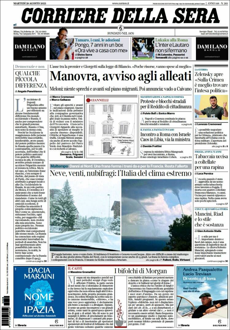 Portada de Corriere della Sera (Italia)