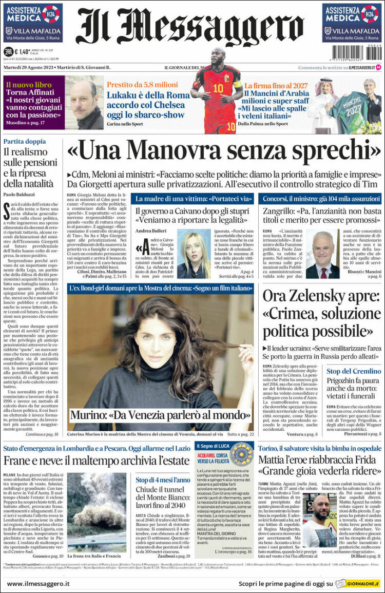 Portada de Il Messaggero (Italia)