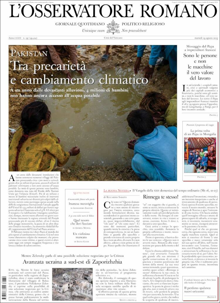 Portada de L'Osservatore Romano (Italia)