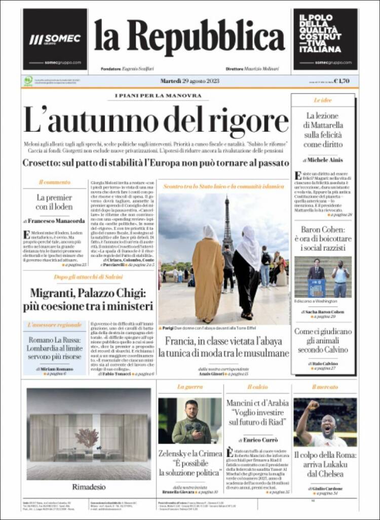 Portada de La Repubblica (Italia)