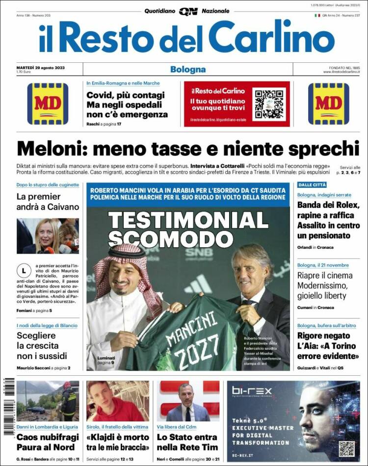 Portada de Il Resto del Carlino (Italia)