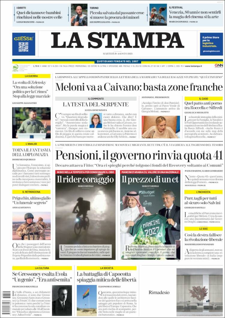 Portada de La Stampa (Italia)