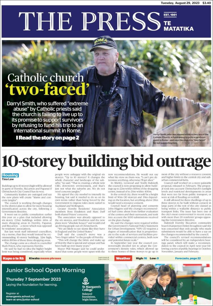 Portada de The Press (Nueva Zelanda)