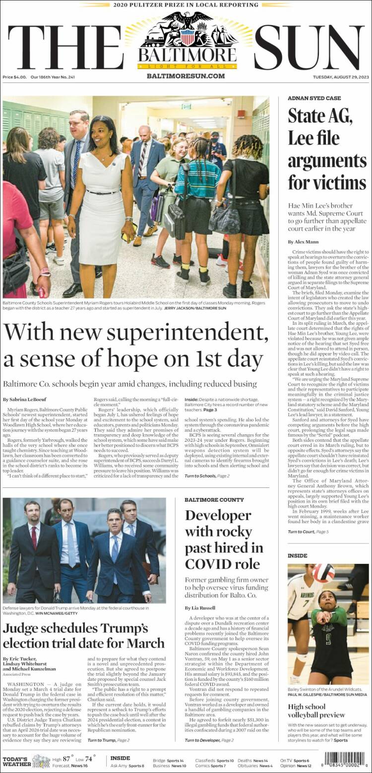 Portada de The Baltimore Sun (USA)