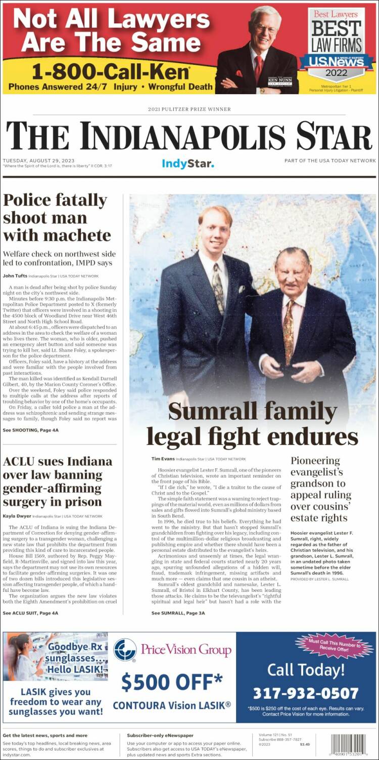 Portada de The Indianapolis Star (USA)