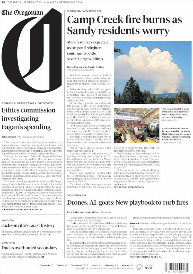 Portada de The Oregonian (USA)