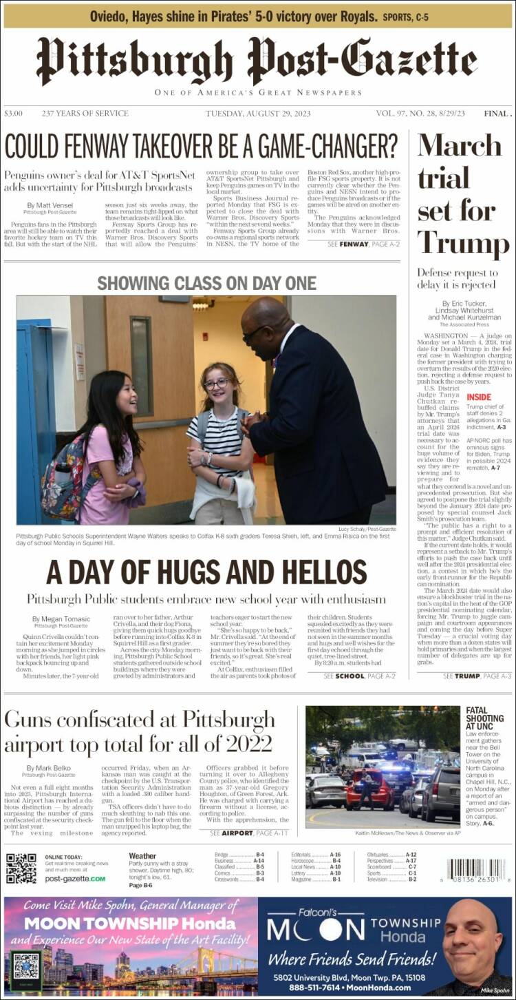 Portada de Pittsburgh Post-Gazette (USA)